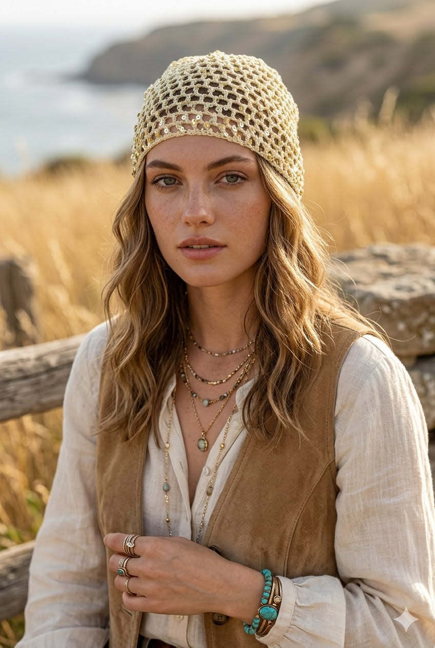 Boho Sparkle Sequin Crochet Mesh Beanie – Party Ready - NeoKira Unlimited