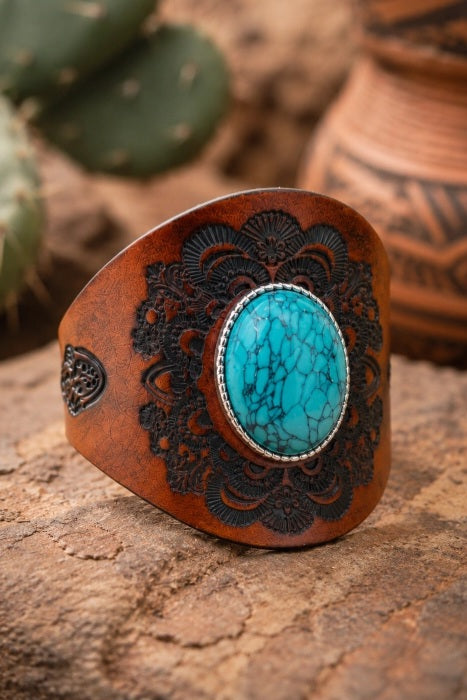 Western Turquoise Leather Cuff Bracelet Boho Embossed Wristband - NeoKira Unlimited