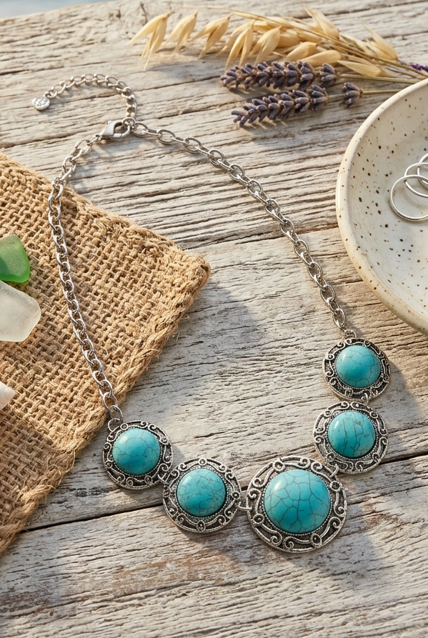 La Floraison Silver Plated Turquoise Boho Coastal Necklace - NeoKira Unlimited