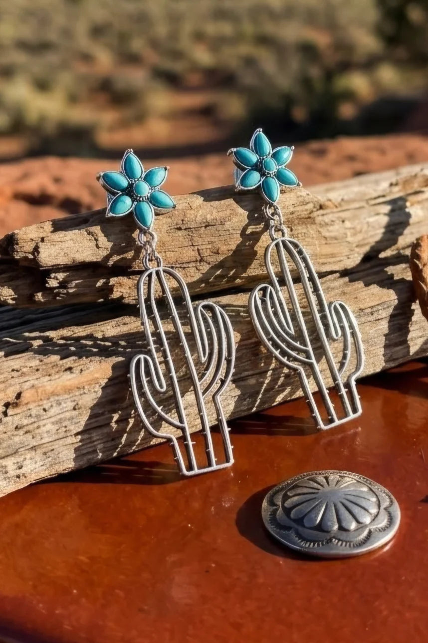 Boho Western Earrings – Turquoise Flower & Openwork Cactus - NeoKira Unlimited