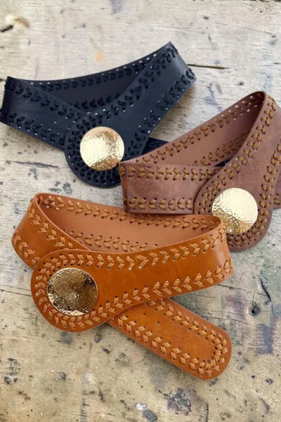 Artisan Soul: Boho Whipstitch Wide Leather Belt with Hammered Gold Buckle - NeoKira Unlimited