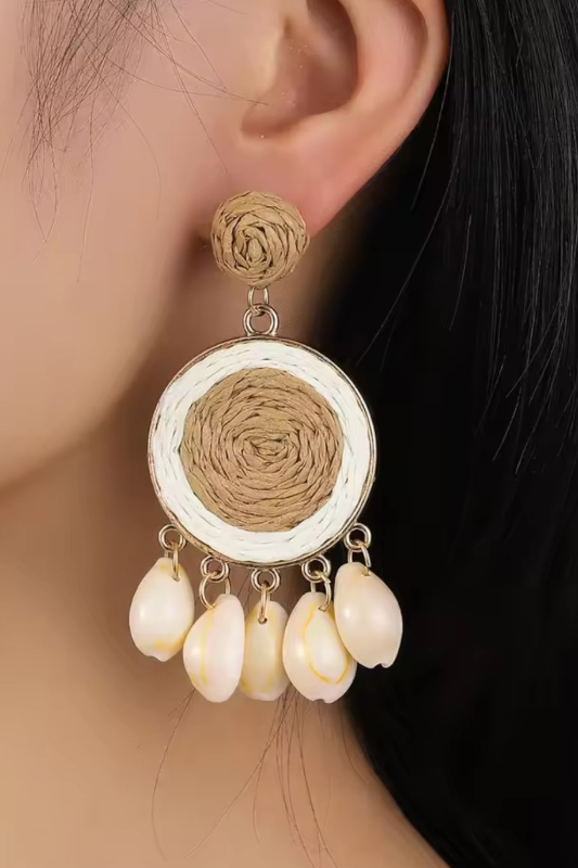 Boho Raffia Disk Earrings – Puka Shell Drop Coastal Statement Style - NeoKira Unlimited
