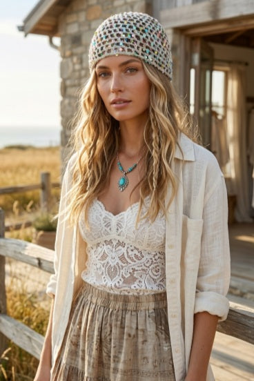 Boho Sparkle Sequin Crochet Mesh Beanie – Party Ready - NeoKira Unlimited