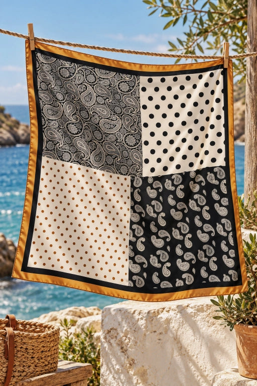 Women Stylish Satin Scarf with Paisley Dot Patchwork Motif - NeoKira Unlimited