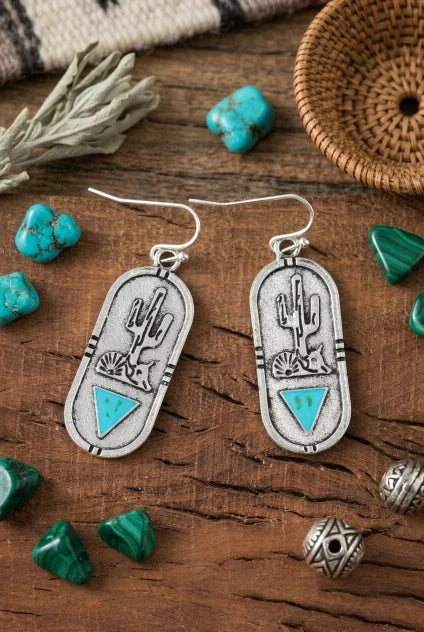 Carved Cactus Earrings – Turquoise Triangle Inlay - NeoKira Unlimited