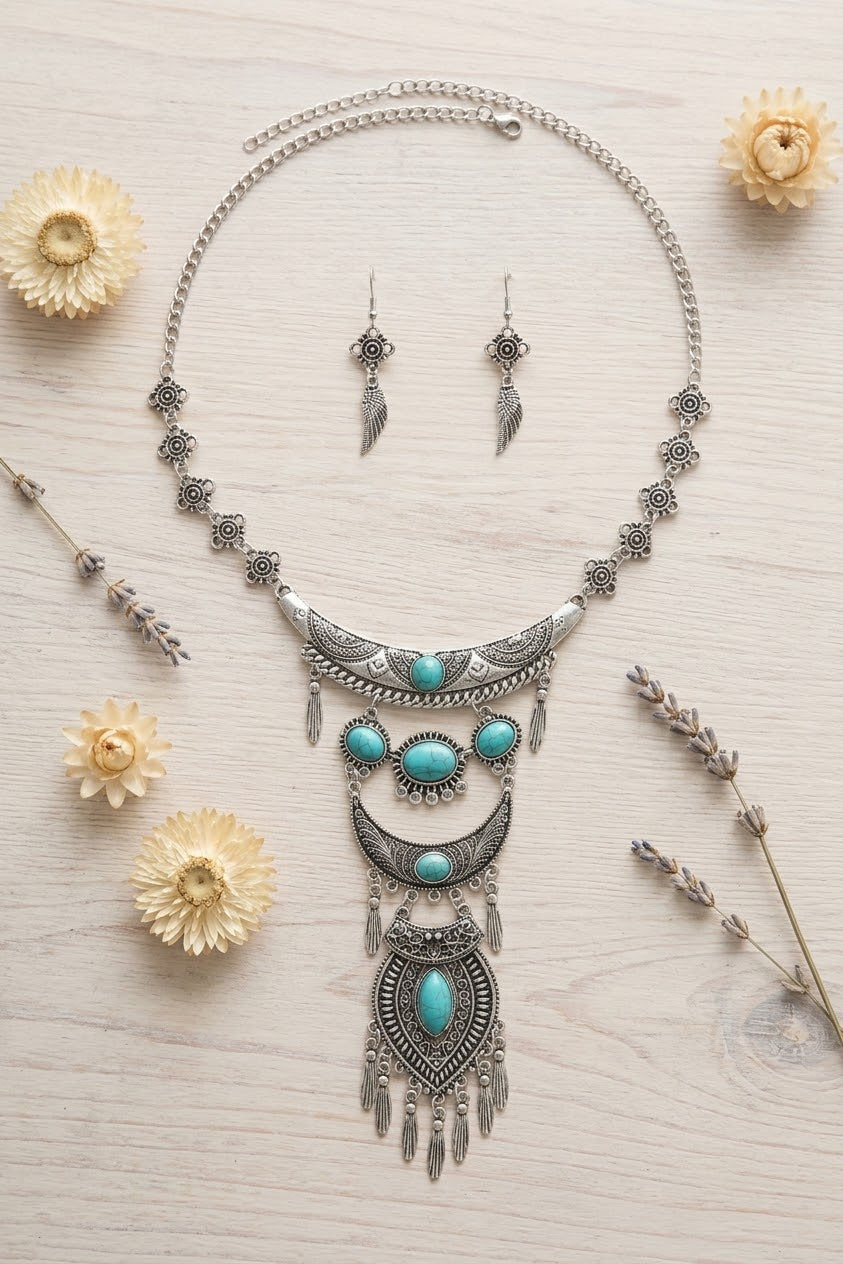 Boho Tribal Turquoise Pendant Necklace with Wing Earrings for Women - NeoKira Unlimited