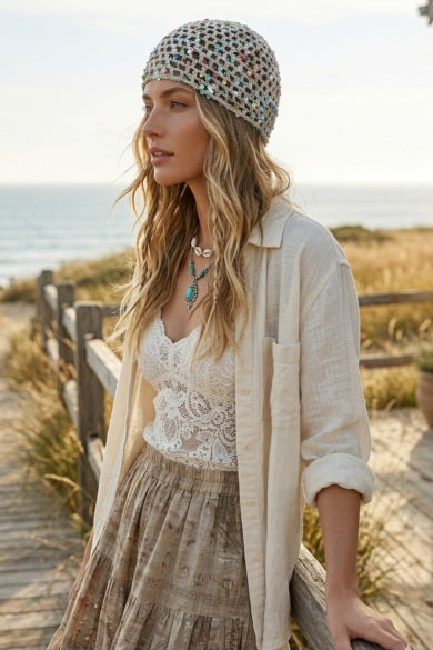 Boho Sparkle Sequin Crochet Mesh Beanie – Party Ready - NeoKira Unlimited