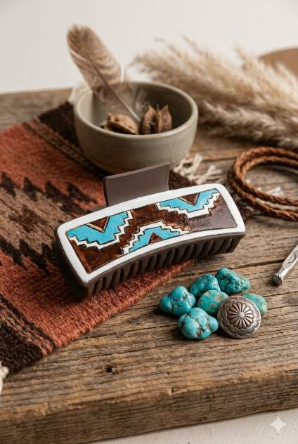 Geometric Pattern Hair Claw Clip – Stylish Blue & Brown Design - NeoKira Unlimited