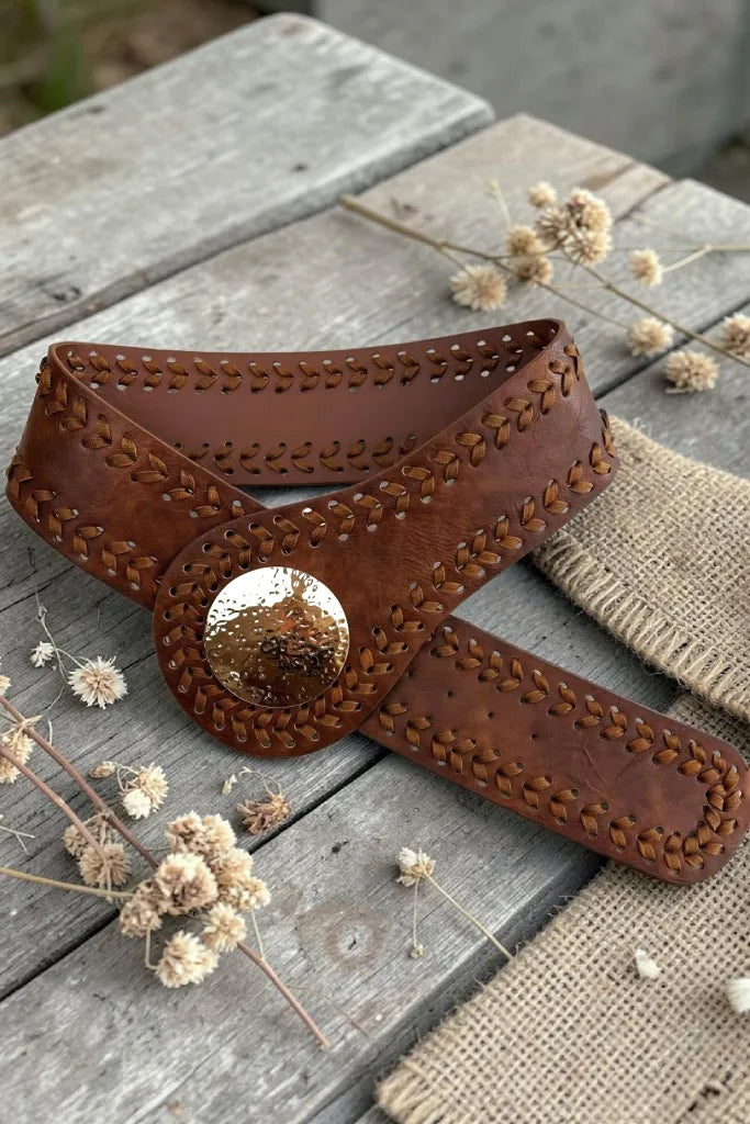 Artisan Soul: Boho Whipstitch Wide Leather Belt with Hammered Gold Buckle - NeoKira Unlimited