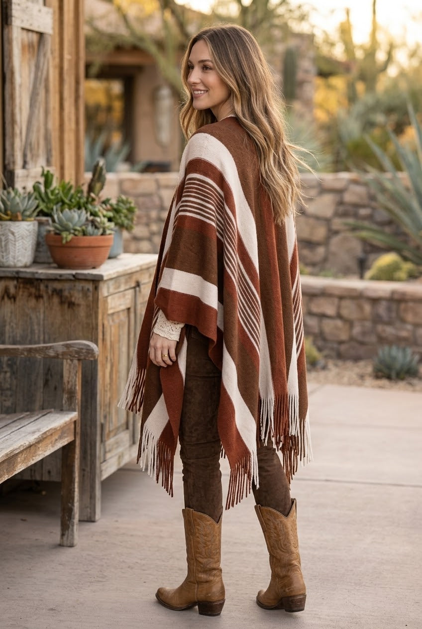 Boho Striped Frayed Edge Ruana - NeoKira Unlimited