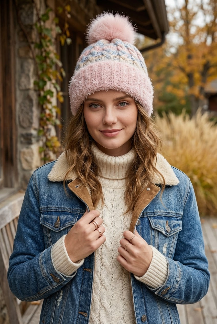 Women Color Mix Knit Beanie With Faux Fur Pom Pom Winter Hat - NeoKira Unlimited
