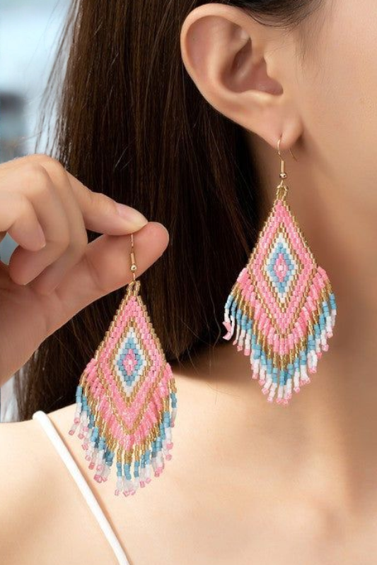 Boho Beaded Fringe Earrings – Colorful Diamond Pattern Drop Style - NeoKira Unlimited