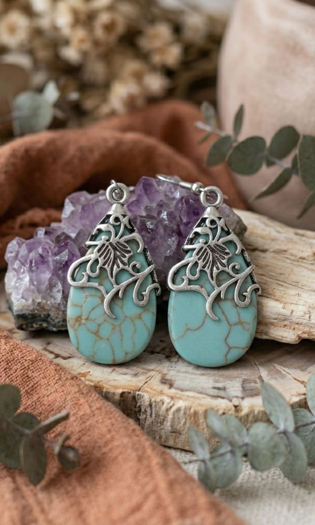Ethnic Openwork Earrings – Carved Turquoise Inlay - NeoKira Unlimited