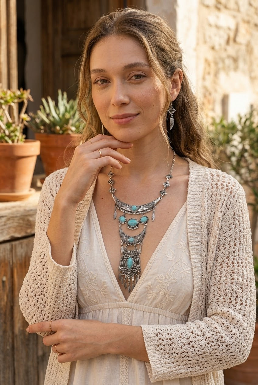 Boho Tribal Turquoise Pendant Necklace with Wing Earrings for Women - NeoKira Unlimited