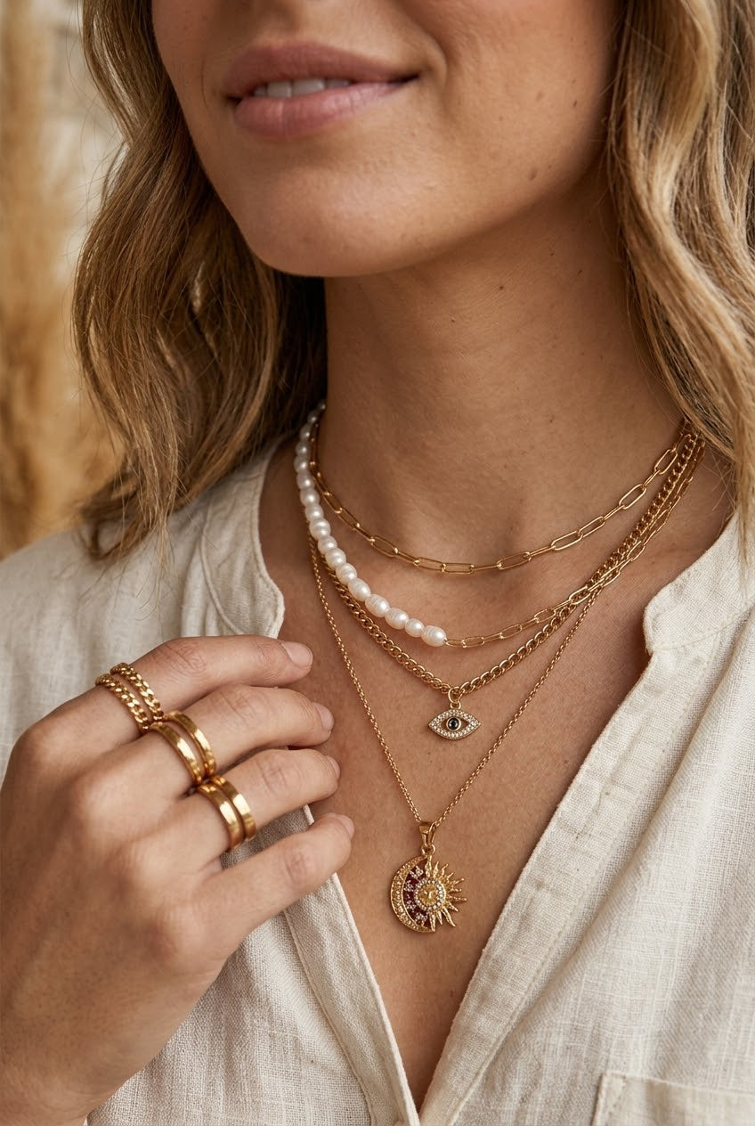 Sun Moon Evil Eye Pendant 4-Layer Gold Pearl Choker for Women - NeoKira Unlimited