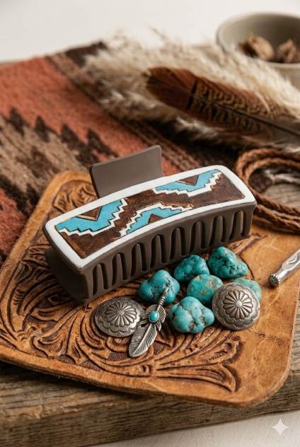 Geometric Pattern Hair Claw Clip – Stylish Blue & Brown Design - NeoKira Unlimited