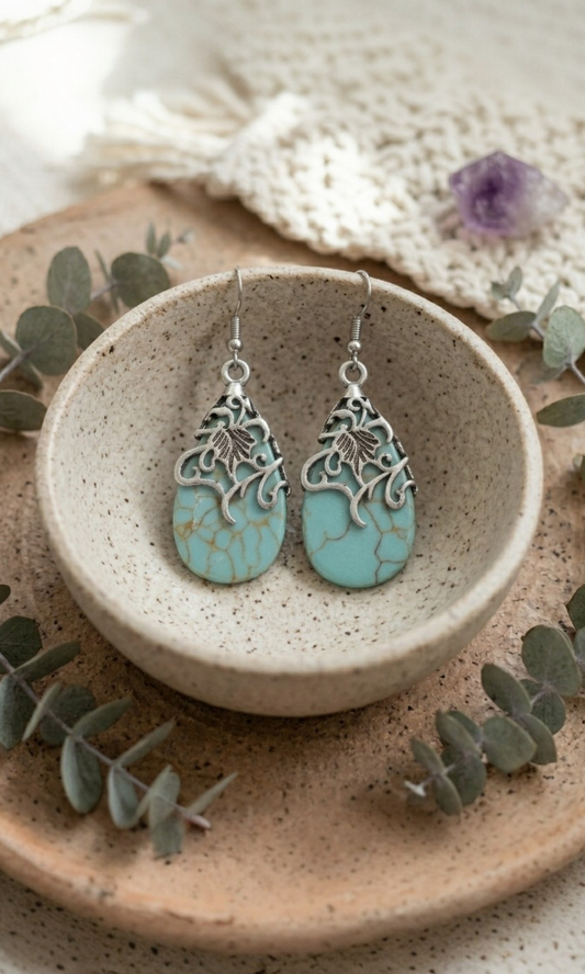 Ethnic Openwork Earrings – Carved Turquoise Inlay - NeoKira Unlimited