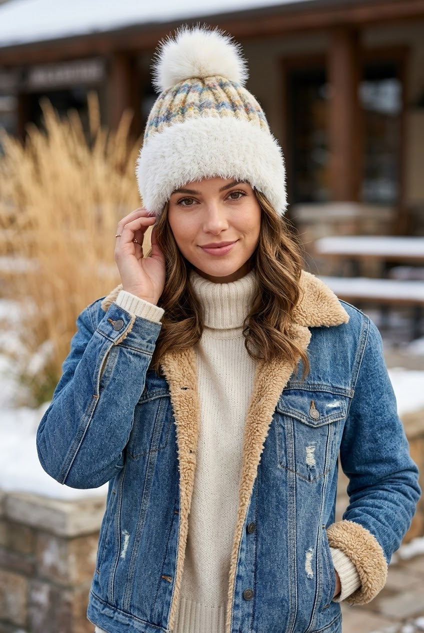 Women Color Mix Knit Beanie With Faux Fur Pom Pom Winter Hat - NeoKira Unlimited