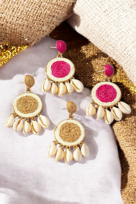 Boho Raffia Disk Earrings – Puka Shell Drop Coastal Statement Style - NeoKira Unlimited