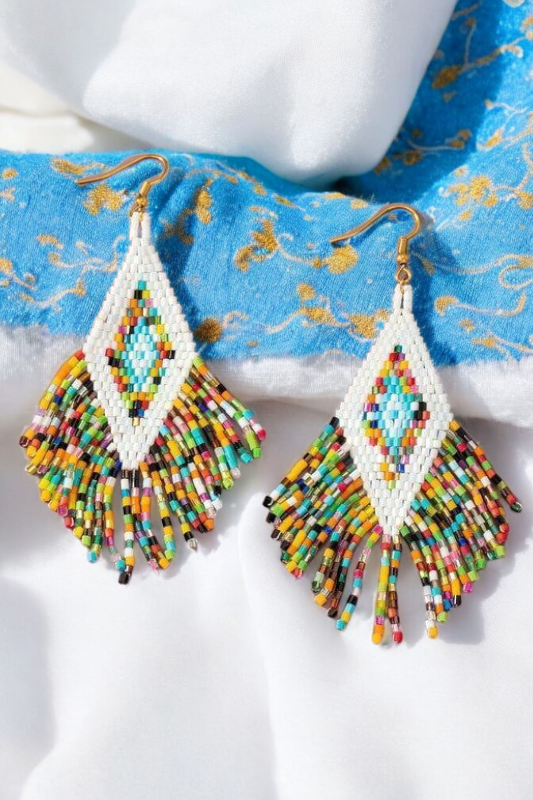 Boho Beaded Fringe Earrings – Colorful Diamond Pattern Drop Style - NeoKira Unlimited