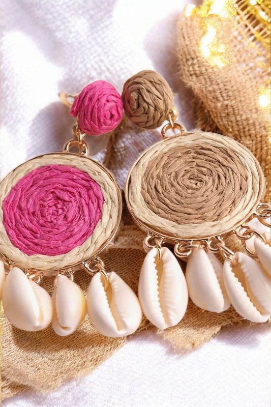 Boho Raffia Disk Earrings – Puka Shell Drop Coastal Statement Style - NeoKira Unlimited