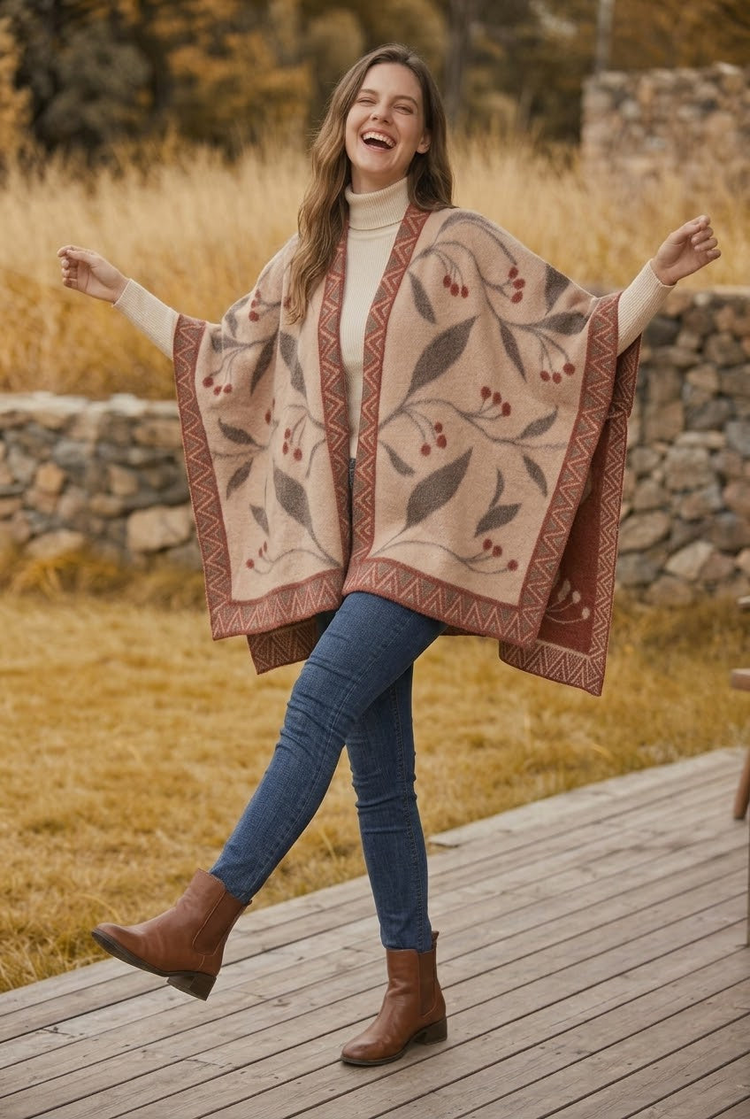 Women Vintage Jacquard Knit Poncho Shawl Cape - NeoKira Unlimited