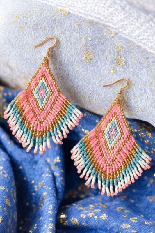 Boho Beaded Fringe Earrings – Colorful Diamond Pattern Drop Style - NeoKira Unlimited