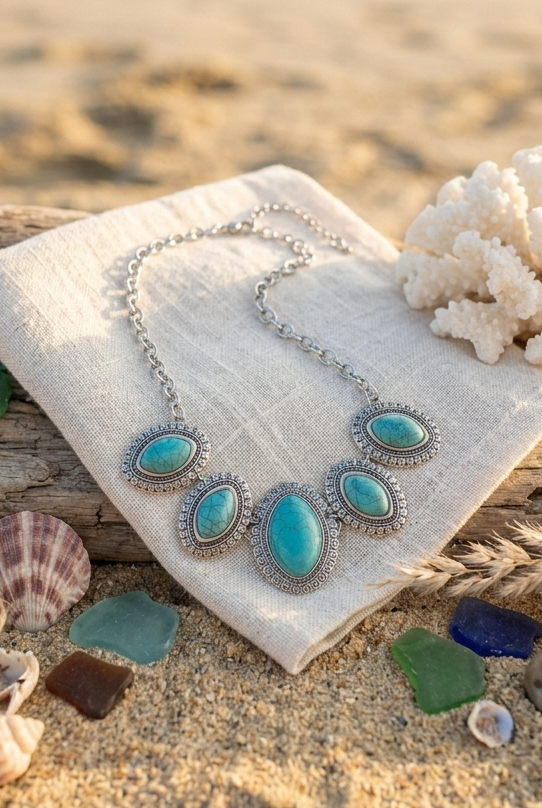 Leaflet Turquoise Silver Plated Coastal Necklace - NeoKira Unlimited