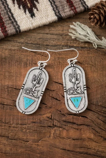 Carved Cactus Earrings – Turquoise Triangle Inlay - NeoKira Unlimited
