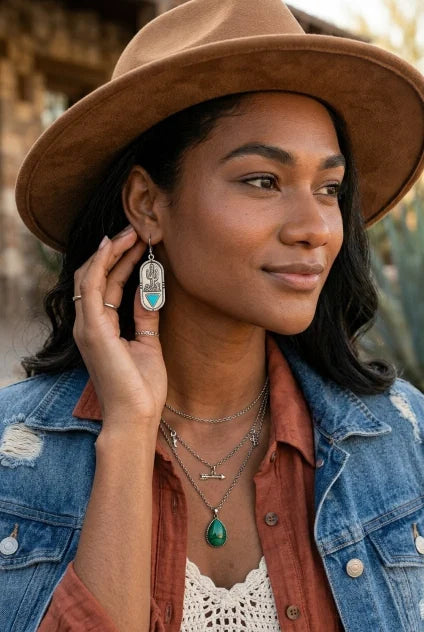 Carved Cactus Earrings – Turquoise Triangle Inlay - NeoKira Unlimited