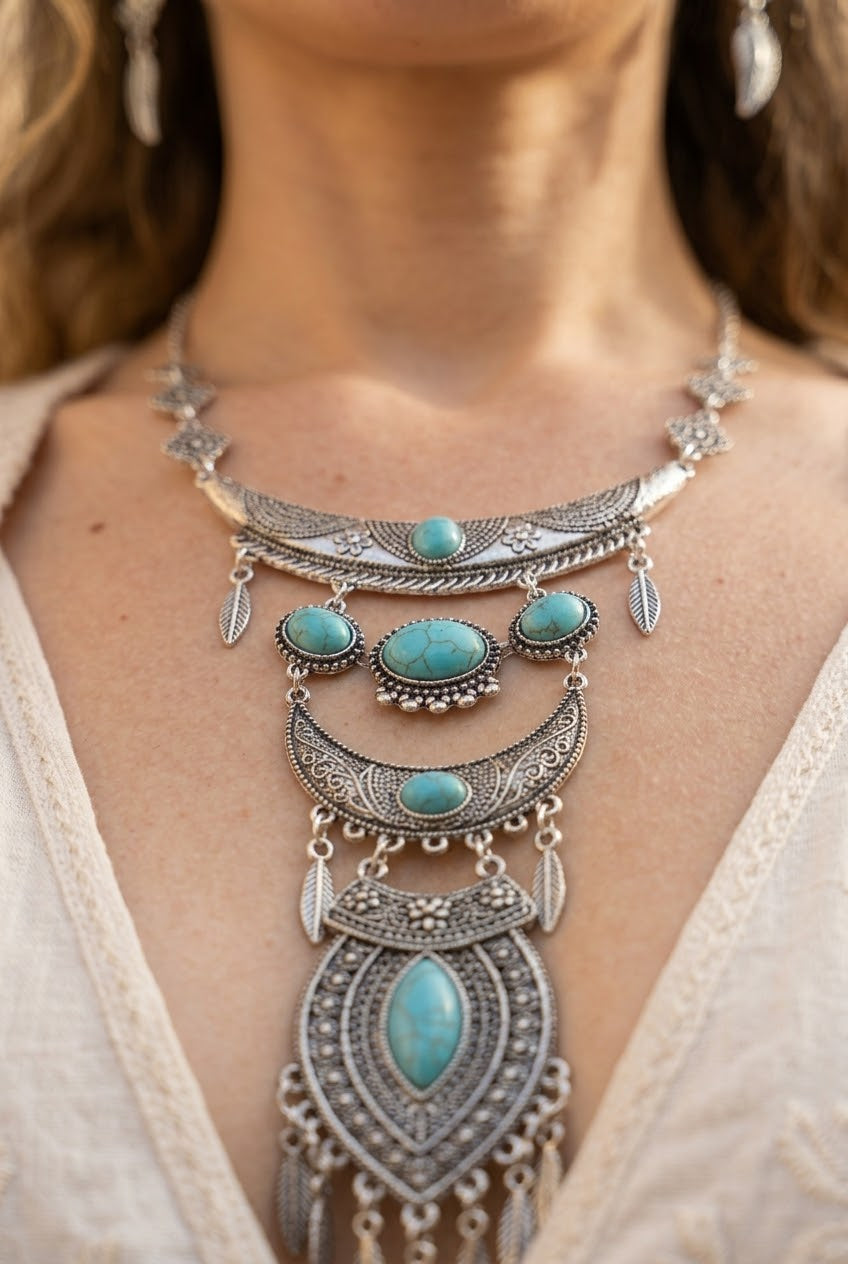 Boho Tribal Turquoise Pendant Necklace with Wing Earrings for Women - NeoKira Unlimited