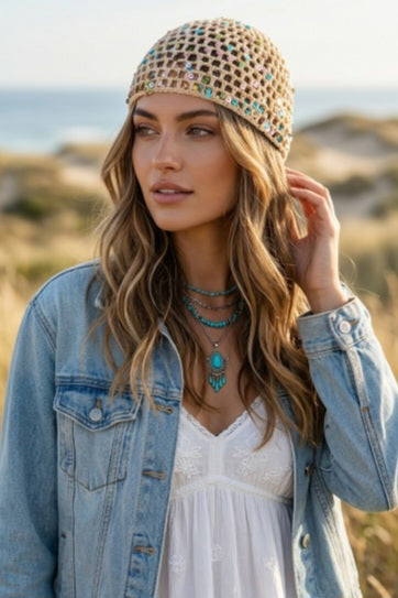 Boho Sparkle Sequin Crochet Mesh Beanie – Party Ready - NeoKira Unlimited