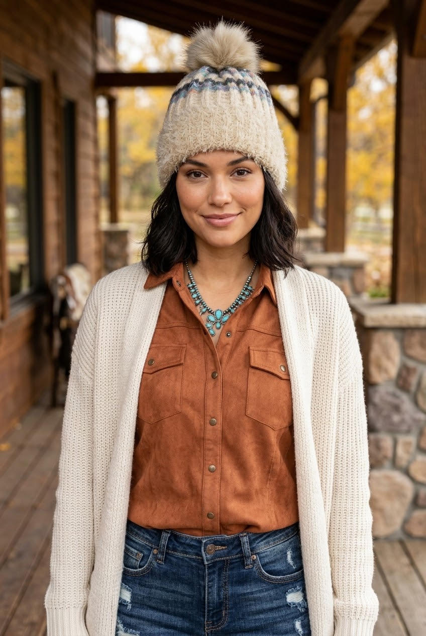 Women Color Mix Knit Beanie With Faux Fur Pom Pom Winter Hat - NeoKira Unlimited