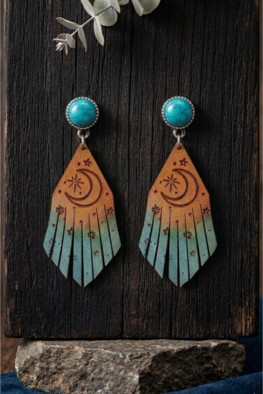 Western Moon Star Fringe Turquoise Genuine Leather Earrings - NeoKira Unlimited