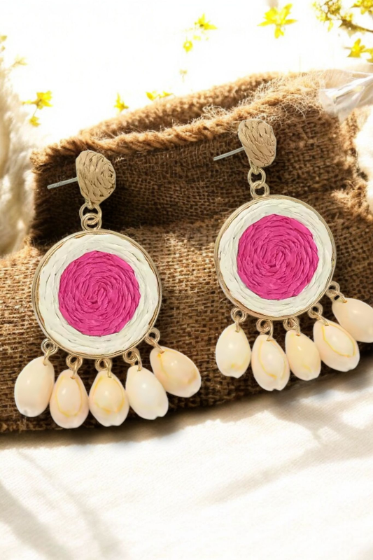 Boho Raffia Disk Earrings – Puka Shell Drop Coastal Statement Style - NeoKira Unlimited