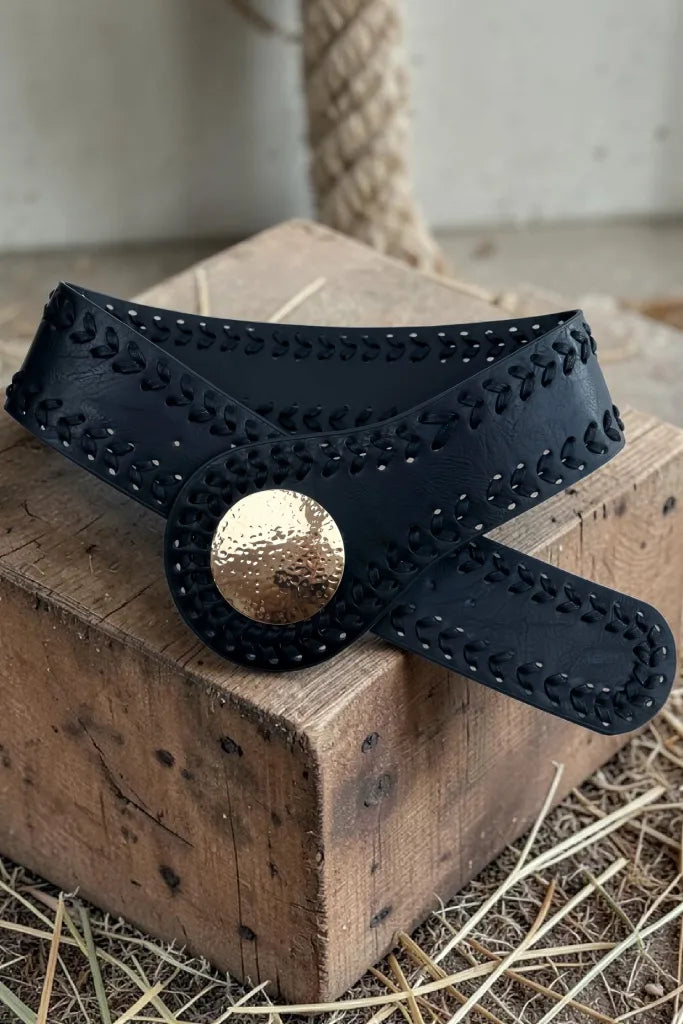 Artisan Soul: Boho Whipstitch Wide Leather Belt with Hammered Gold Buckle - NeoKira Unlimited
