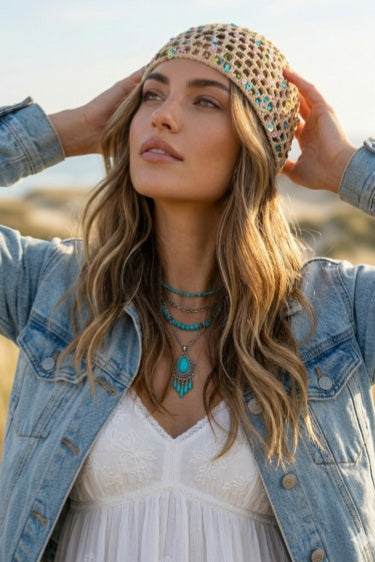 Boho Sparkle Sequin Crochet Mesh Beanie – Party Ready - NeoKira Unlimited