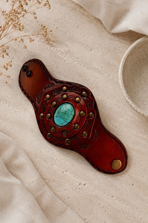 Aegean Boho Leather Cuff – Turquoise Bracelet - NeoKira Unlimited