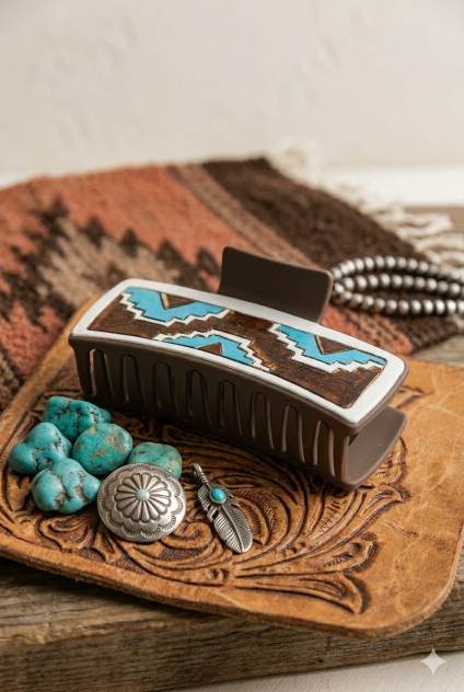 Geometric Pattern Hair Claw Clip – Stylish Blue & Brown Design - NeoKira Unlimited