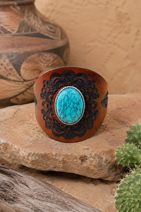 Western Turquoise Leather Cuff Bracelet Boho Embossed Wristband - NeoKira Unlimited