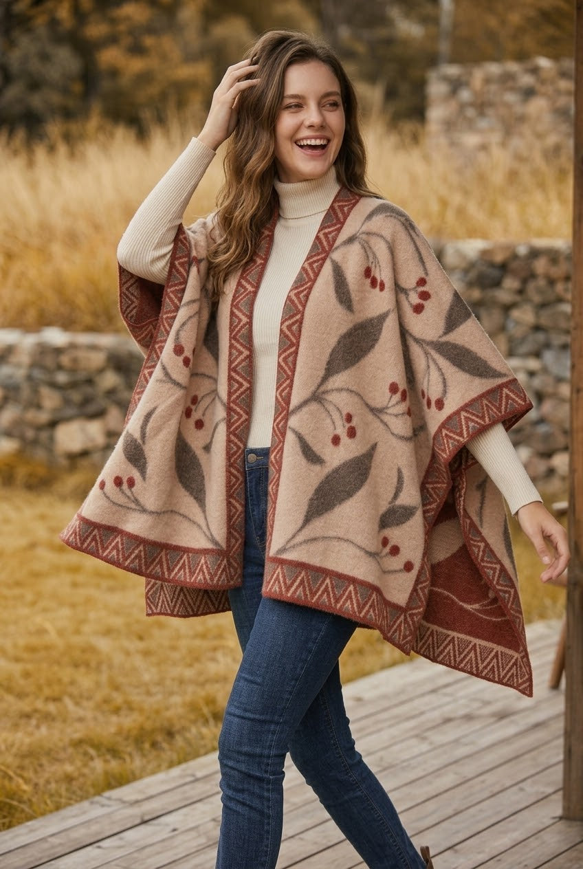 Women Vintage Jacquard Knit Poncho Shawl Cape - NeoKira Unlimited