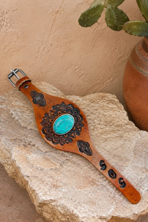 Western Turquoise Leather Cuff Bracelet Boho Embossed Wristband - NeoKira Unlimited
