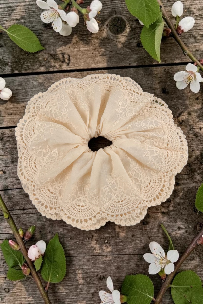 Cotton Embroidered Lace Scrunchie – Soft & Stylish Hair Tie - NeoKira Unlimited