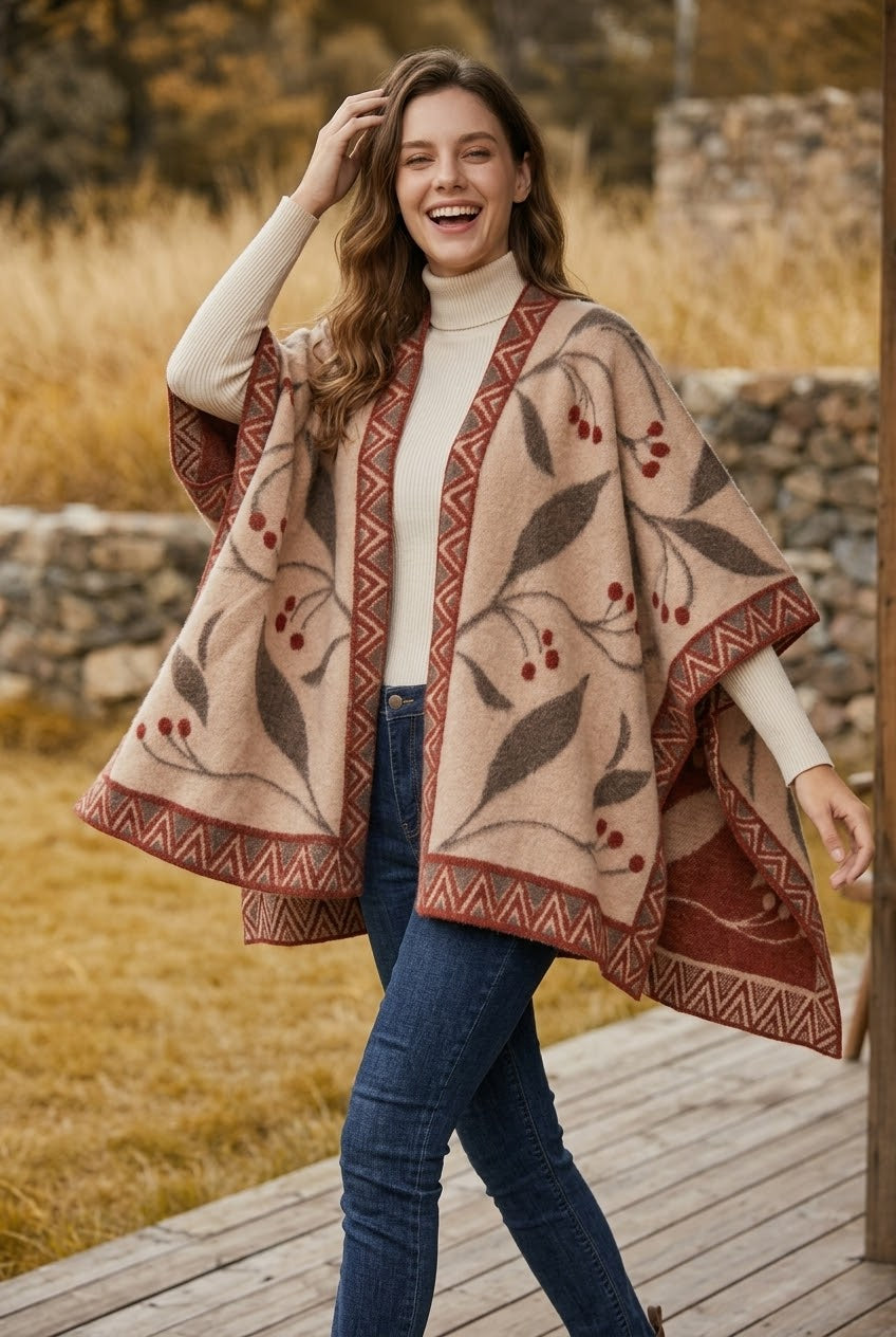 Women Vintage Jacquard Knit Poncho Shawl Cape - NeoKira Unlimited