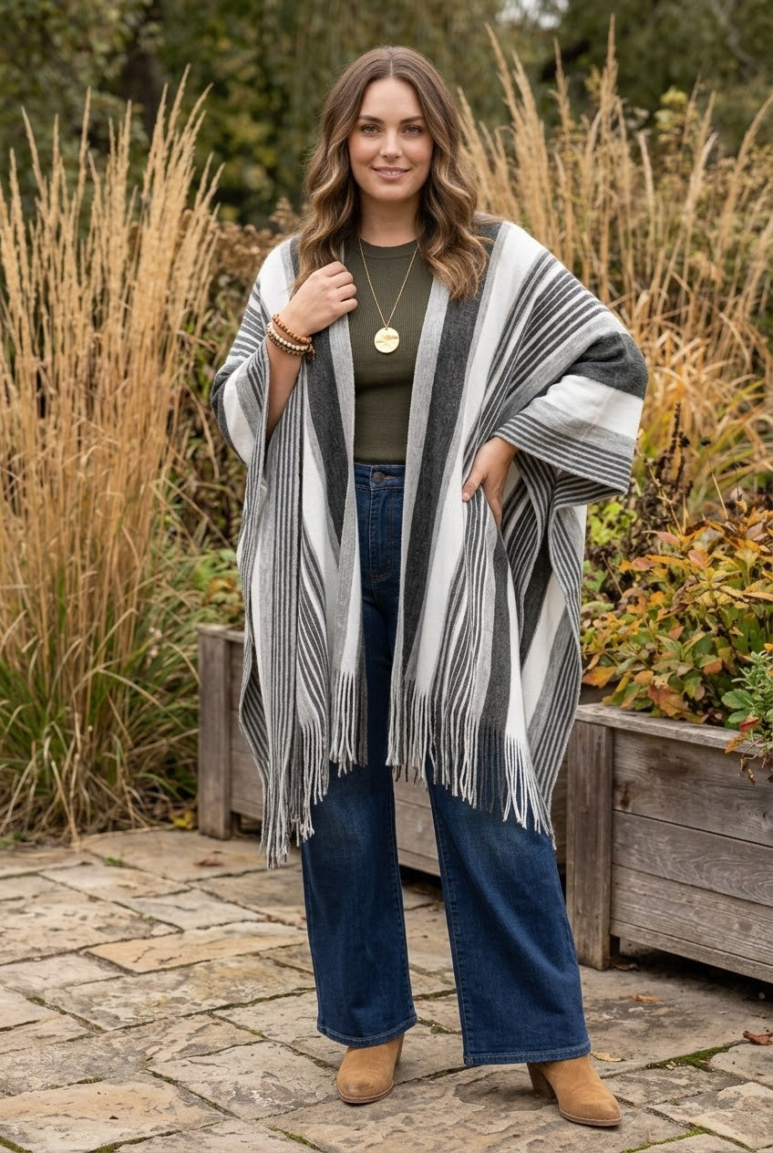 Boho Striped Frayed Edge Ruana - NeoKira Unlimited