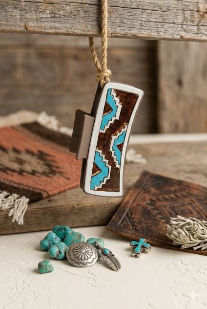 Geometric Pattern Hair Claw Clip – Stylish Blue & Brown Design - NeoKira Unlimited