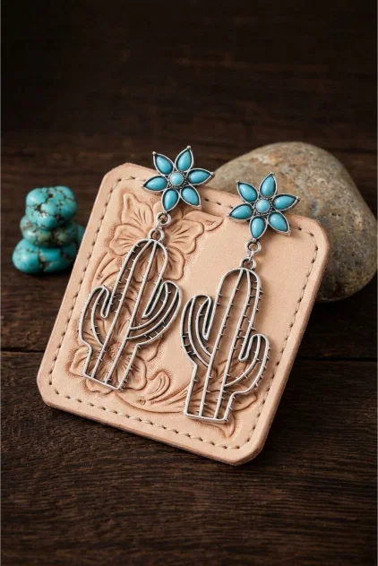 Boho Western Earrings – Turquoise Flower & Openwork Cactus - NeoKira Unlimited