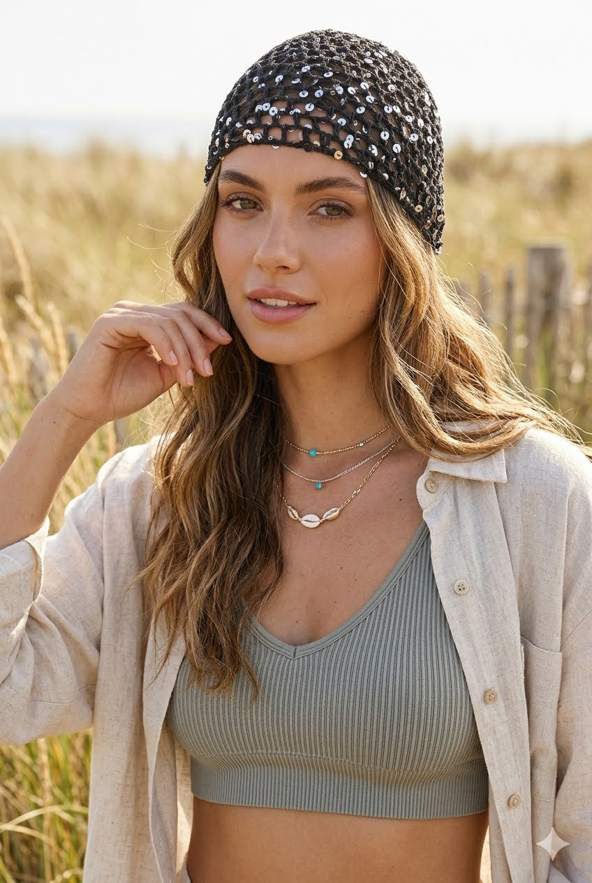 Boho Sparkle Sequin Crochet Mesh Beanie – Party Ready - NeoKira Unlimited