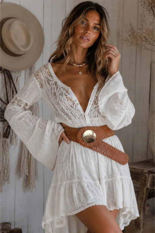 Artisan Soul: Boho Whipstitch Wide Leather Belt with Hammered Gold Buckle - NeoKira Unlimited
