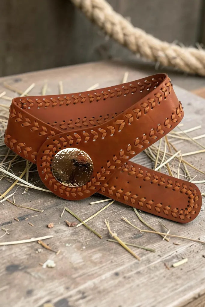 Artisan Soul: Boho Whipstitch Wide Leather Belt with Hammered Gold Buckle - NeoKira Unlimited